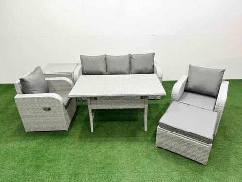 PE Rattan Garden Furniture Set Reclining Chair Sofa Lounge Sofa Set Rectangular Dining Table Side Table Big Footstool Light Grey
