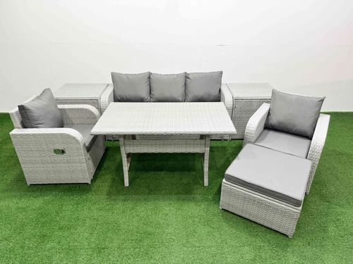 PE Rattan Garden Furniture Set Reclining Chair Sofa Lounge Sofa Set Rectangular Dining Table 2 Side Table Big Footstool Light Grey