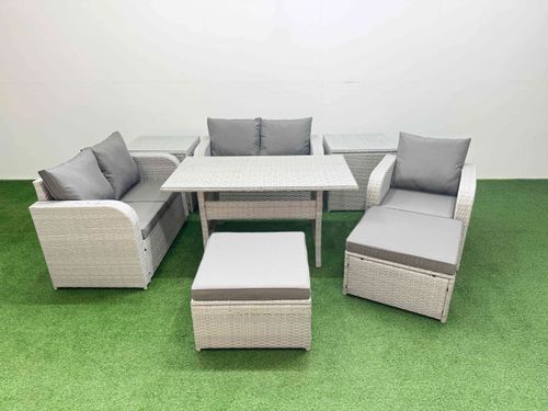 High Back Poly Rattan Garden Furniture Set with Reclining Chair Loveseat Sofa Rectangular Dining Table Indoor Outdoor Patio Set 2 Big Stool 2 Side Ta