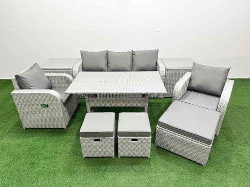 PE Rattan Garden Furniture Set Reclining Chair Sofa Lounge Sofa Set Rectangular Dining Table 2 Side Table 3 Stools Light Grey