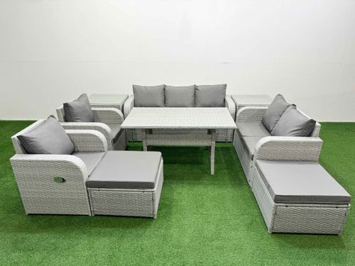 PE Rattan Garden Furniture Set Reclining Chair Sofa Double Love Seat 2 Seater Sofa Lounge Set Rectangular Dining Table 2 Big Footstool 2 Side Table Li