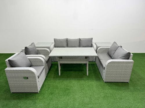 PE Rattan Garden Furniture Set Reclining Chair Sofa Double Love Seat 2 Seater Sofa Lounge Set Rectangular Dining Table 2 Side Table Light Grey