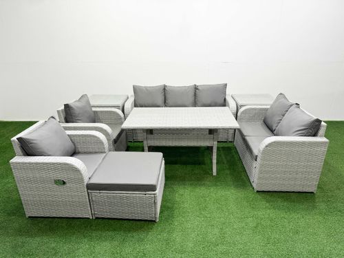 PE Rattan Garden Furniture Set Reclining Chair Sofa Double Love Seat 2 Seater Sofa Lounge Set Rectangular Dining Table Big Footstool 2 Side Table Ligh