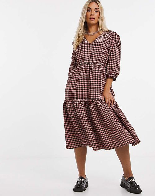 Textured Check V Neck Tiered...