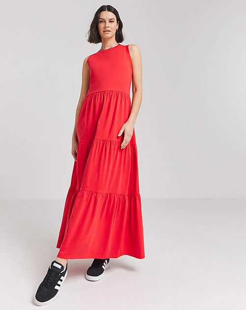 Red Cotton Jersey Tiered Maxi...