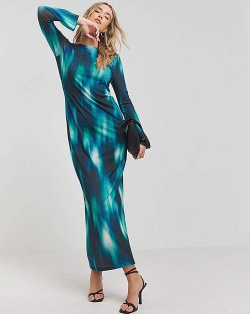 Printed Scoop Back Mesh Maxi...