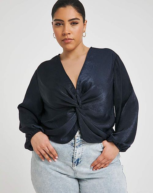 Navy Knot Front Velvet Blouse