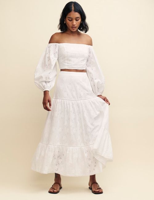 White Broderie Tiered Midi...