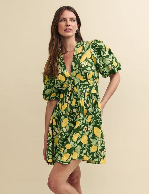 Green Lemon Print Linen-blend...