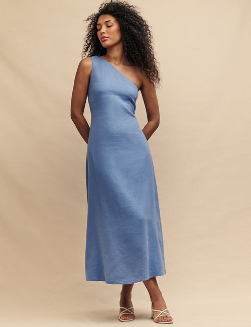 Blue Linen-blend One Shoulder...