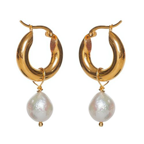 Women's Gold Funky Pearl Hoop...