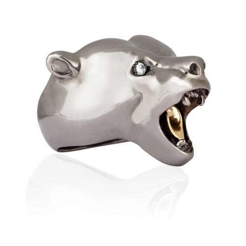 Men's Silver Bear Ring Black...