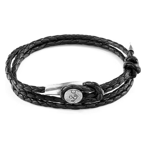 Men's Black / Silver Coal Black Dundee Silver & Braided Leather Bracelet Anchor & Crew