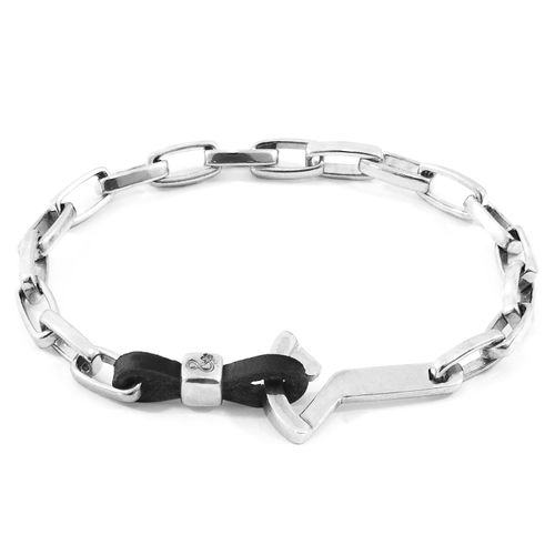 Men's Black / Silver Coal Black Frigate Anchor Silver & Flat Leather Bracelet Anchor & Crew