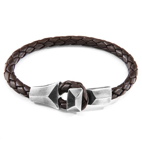 Men's Cacao Brown Alderney Silver & Braided Leather Bracelet Anchor & Crew