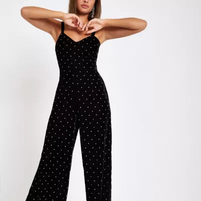 Womens Black velvet studded wide leg jumpsuit Compare Trinity