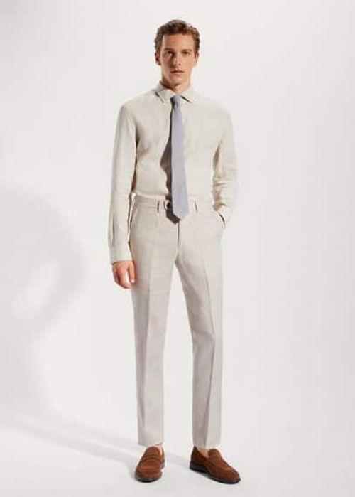 Slim Fit Linen Suit Pants - Beige - Men