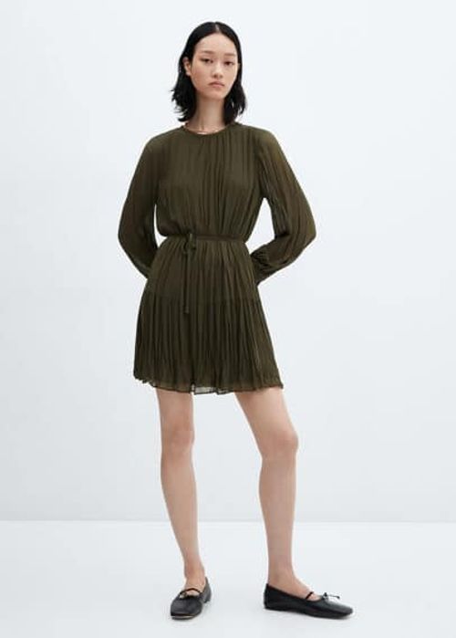 Pleated short dress khaki -...