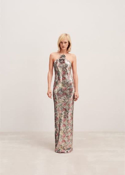 Sequinned halter-neck floral...