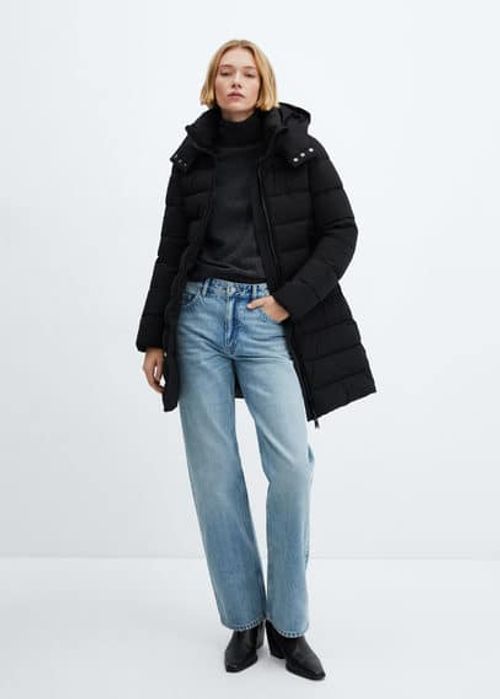 Hood quilted coat black -...