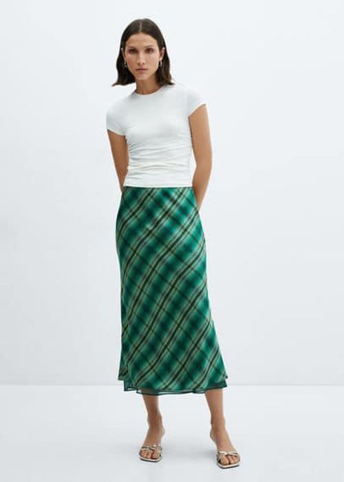 Satin check skirt green -...