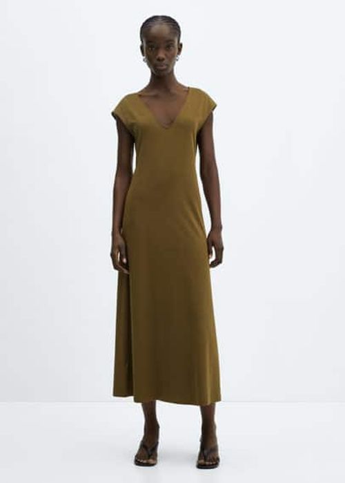 V-neck cotton dress khaki -...