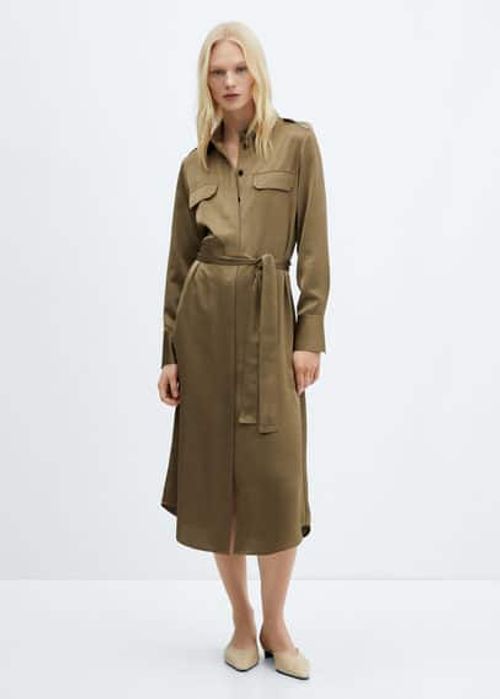 Satin shirt dress khaki -...