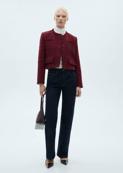 Mango Tweed Jacket With Frayed Ends - Red | Very