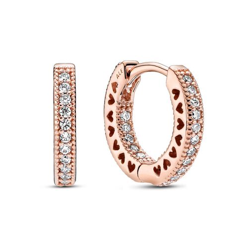 Pandora Pavé Heart Hoop Earrings - 14k Rose Gold-plated Unique Metal Blend / Clear