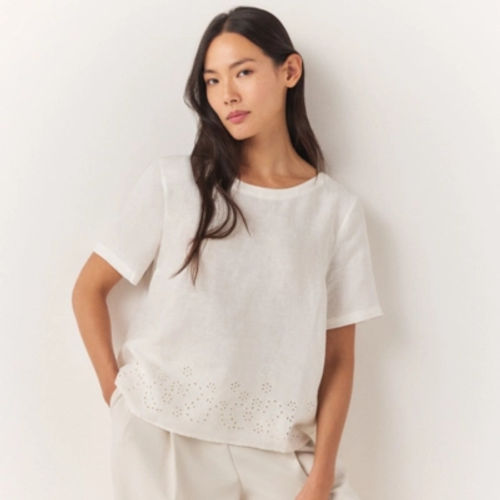 Linen Broderie Detail Top,...