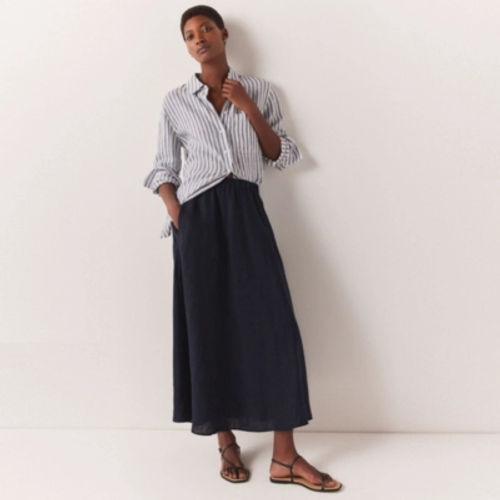 The White Company Linen Circle Midi Skirt, Navy, Size: 18