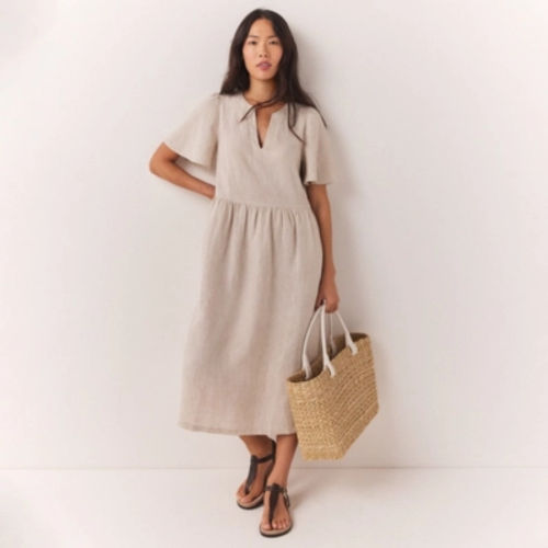 The White Company Linen Flute Sleeve Midi Dress, Flax, Size: 10