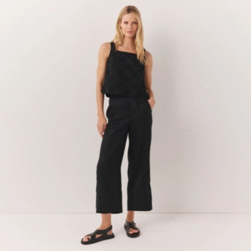 The White Company Linen Stitch Detail Cropped Wide Leg Trousers, Black, Size: 14