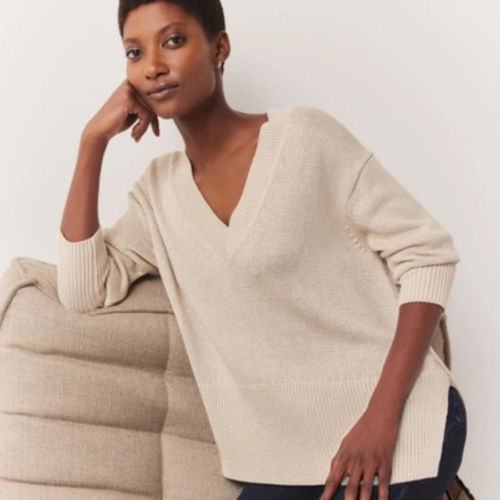 The White Company Sparkle V-Neck Jumper with Organic Cotton, Pearl, Size: XS
