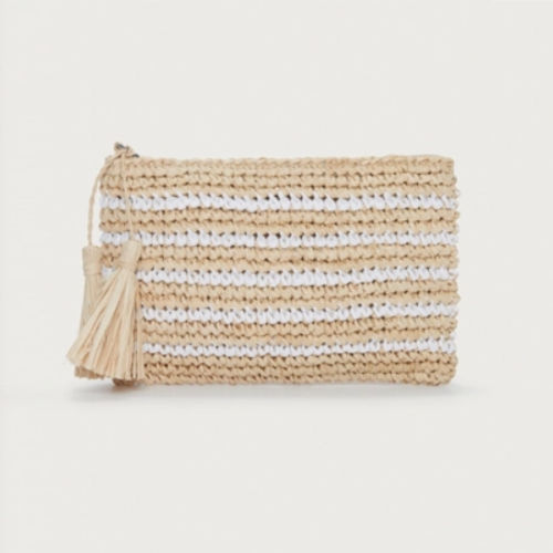 Stripe Raffia Pouch, Natural,...