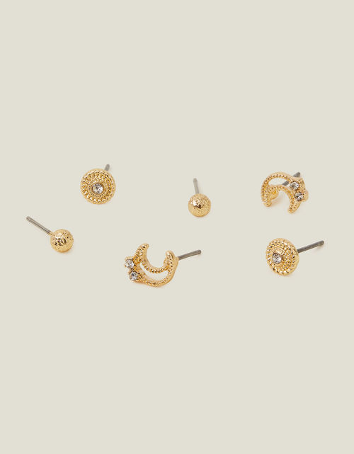 Accessorize Women's Gold 3-Pack Moon Gem Stud Earrings, Size: 2cm
