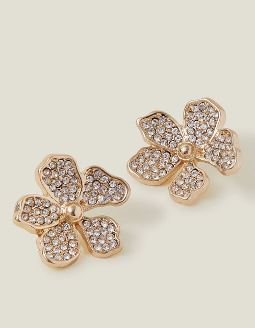 Gold/White Pave Flower Stud...