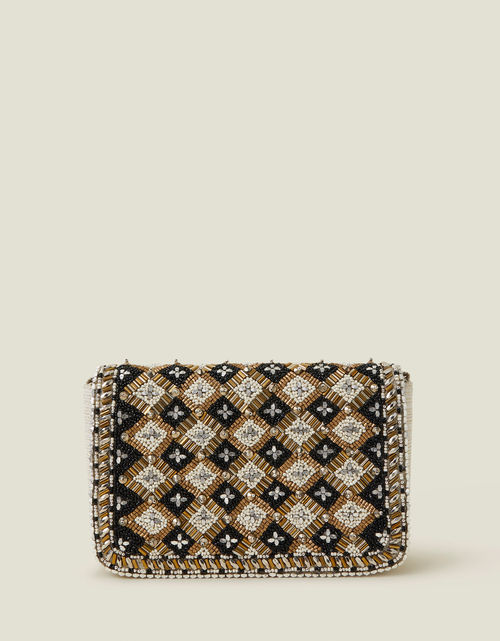 Accessorize Women's Cream/Black Embellished Metallic Fold-Over Clutch, Size: 15x22cm