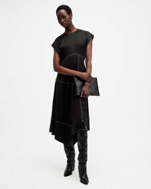 Gia Asymmetrical Ribbed Midi Dress Black