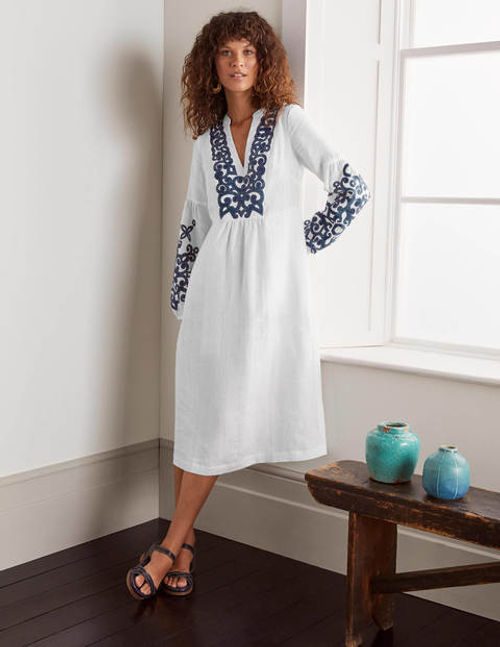 chinese dress ladies Occasion Short Linen Dress-White Embroidery
