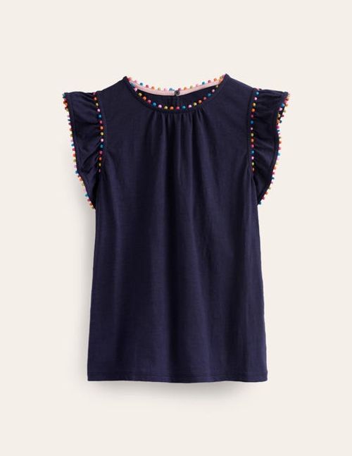 Pom Trim Ruffle Sleeve Top...