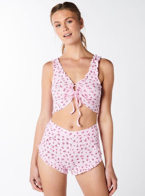 Pink Ditsy Floral Print Rib Cami And Shorts Pj Set