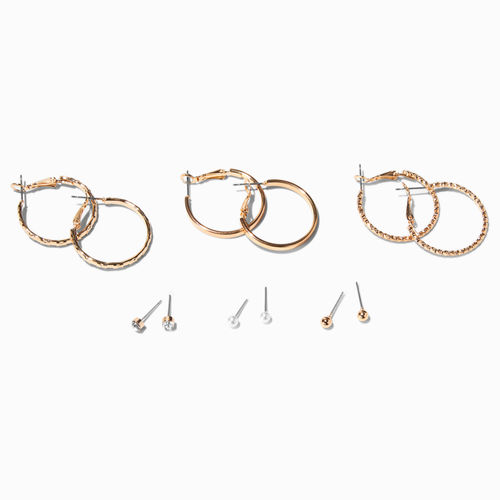 Claire's Gold Textured Hoop & Studs Earrings Set - 6 Pack