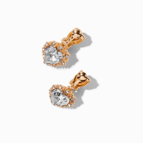Claire's Gold-Tone Crystal Heart Clip-On 0.5" Drop Earrings