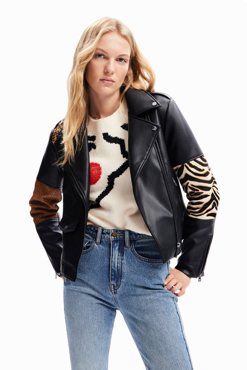 Patchwork leather biker jacket