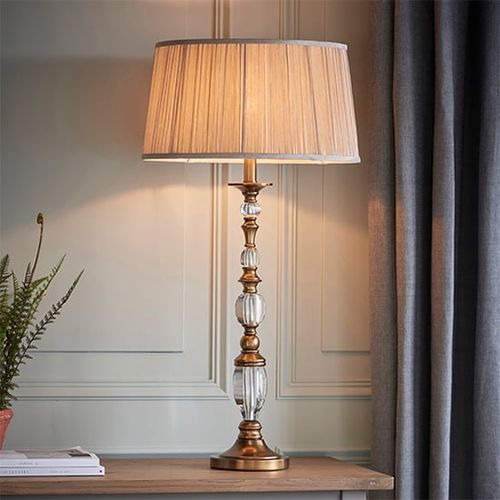 Oksana Small Table Lamp In Antique Brass With Beige Shade