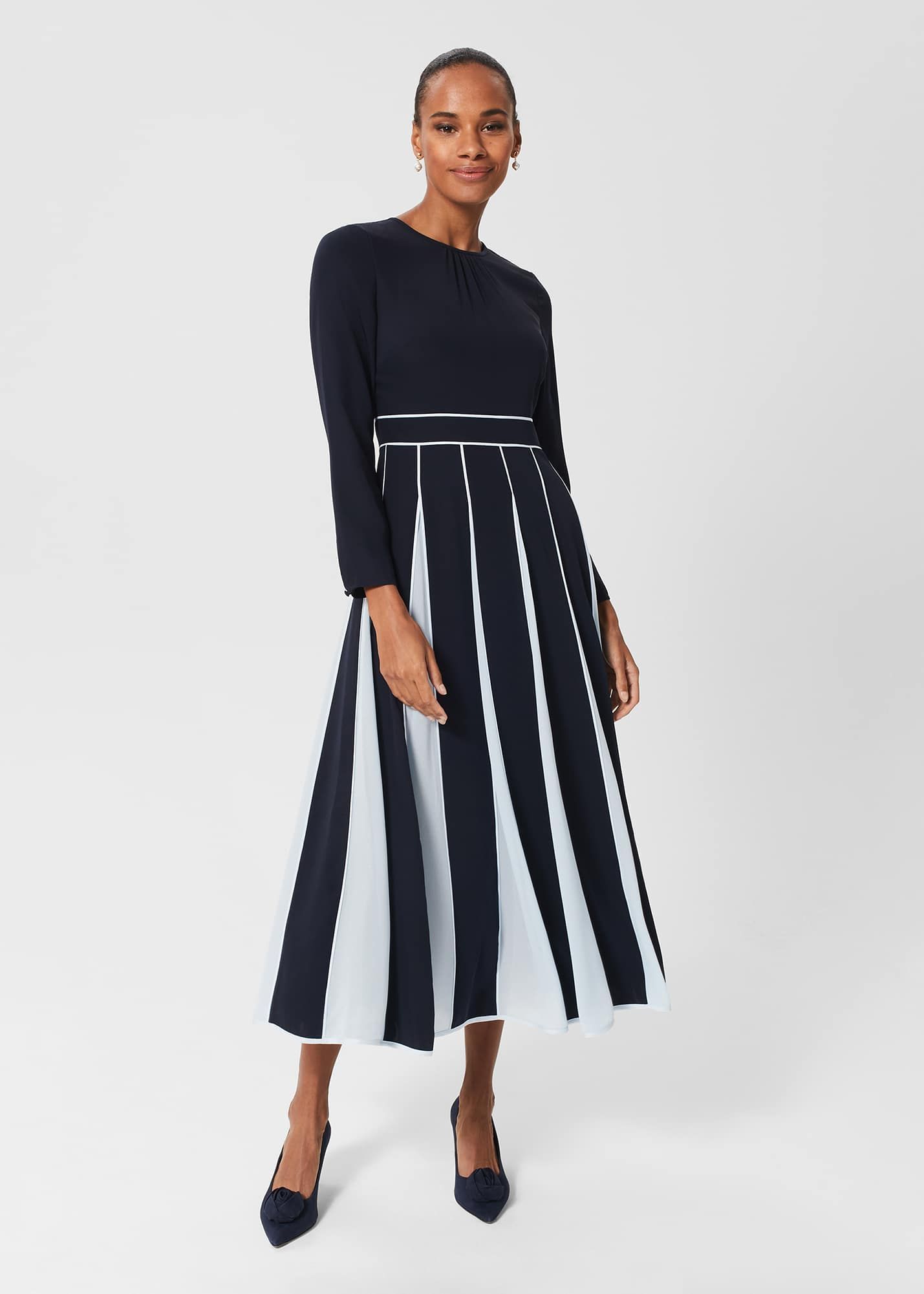 Hobbs Women s Petite Cecilia Fit And Flare Dress Navy Pale Blue