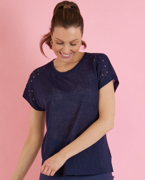T-Shirt in Blau in Leinenoptik