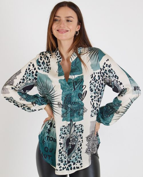 Bedruckte Satinbluse in Petrol