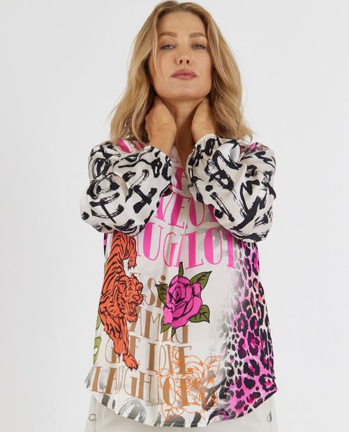 Bunte Satinbluse mit Leoprint
